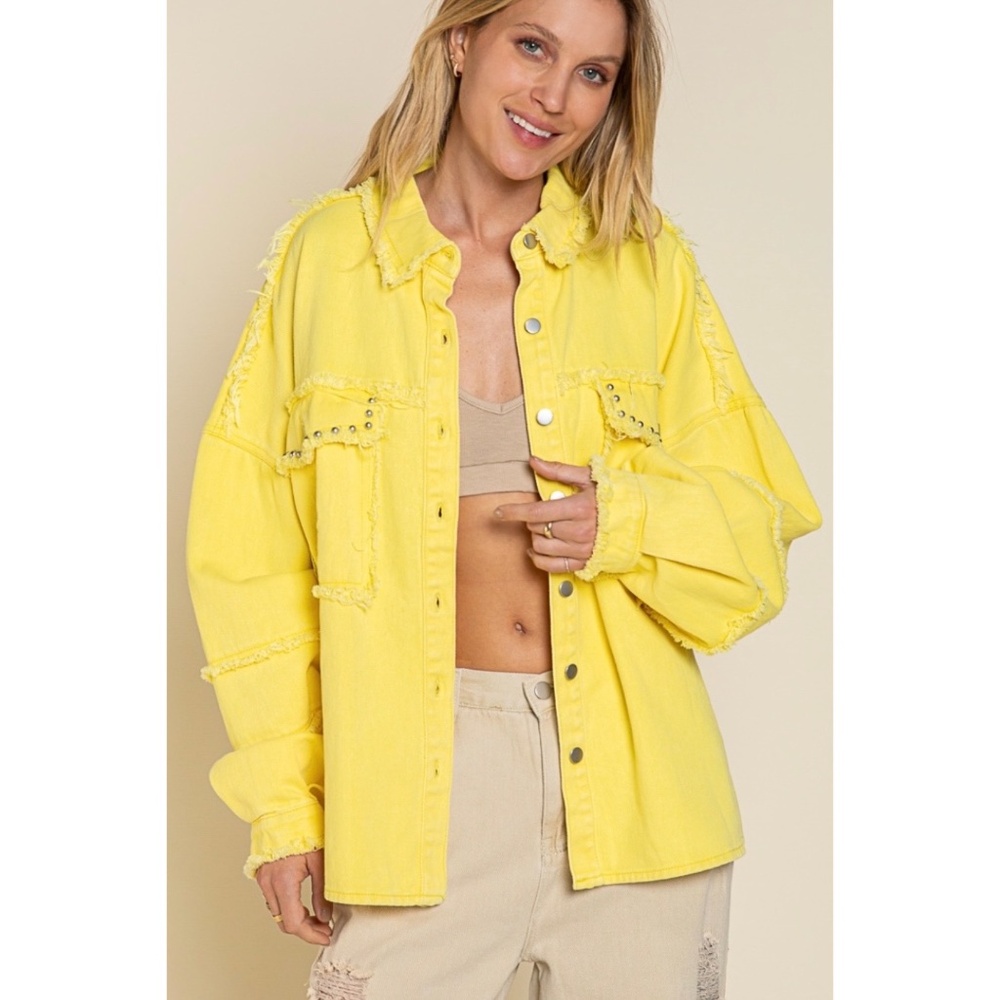 POL Yellow Raw Edge Reverse Seam Denim Shacket - Picture 8 of 8